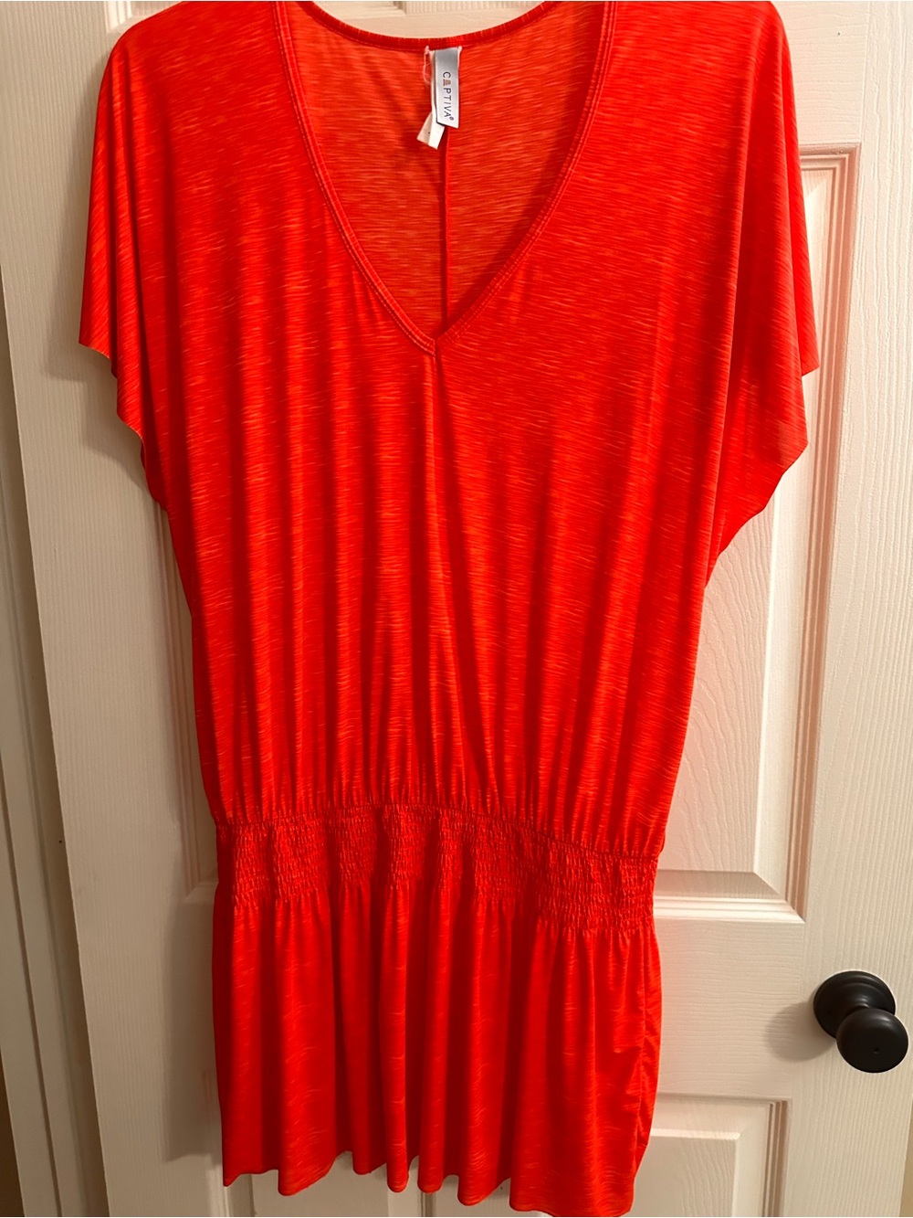V-neck Red Smocked-Waist Women's Tunic or Bathing Suit Swim Cover Up by CAPTIVA